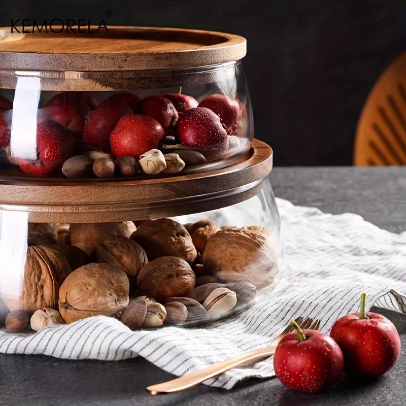 KEMORELA 1 шт. Стеклянные контейнеры для хранения продуктов с деревянной крышкой, кухонный органайзер для хранения закусок, фруктов, конфет, орехов, мелочей