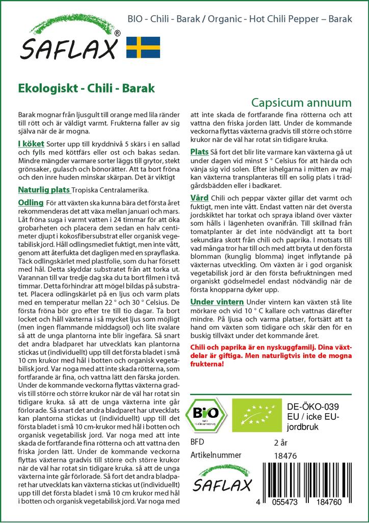 SAFLAX Garden in the Bag - Органический - Острый перец чили - Барак - 15 семян - С субстратом в подходящем пакете - Capsicum annuum
