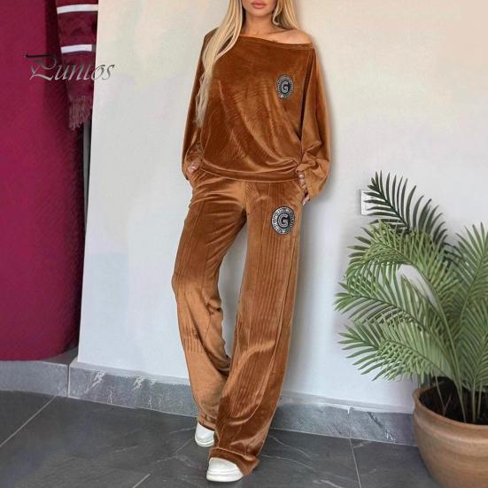 Женский комплект из 2 предметов: топ, брюки, бархатный круглый вырез, рукава «летучая мышь», блузка, широкие брюки, однотонный спортивный костюм на каждый день, осенне-весенний спортивный костюм