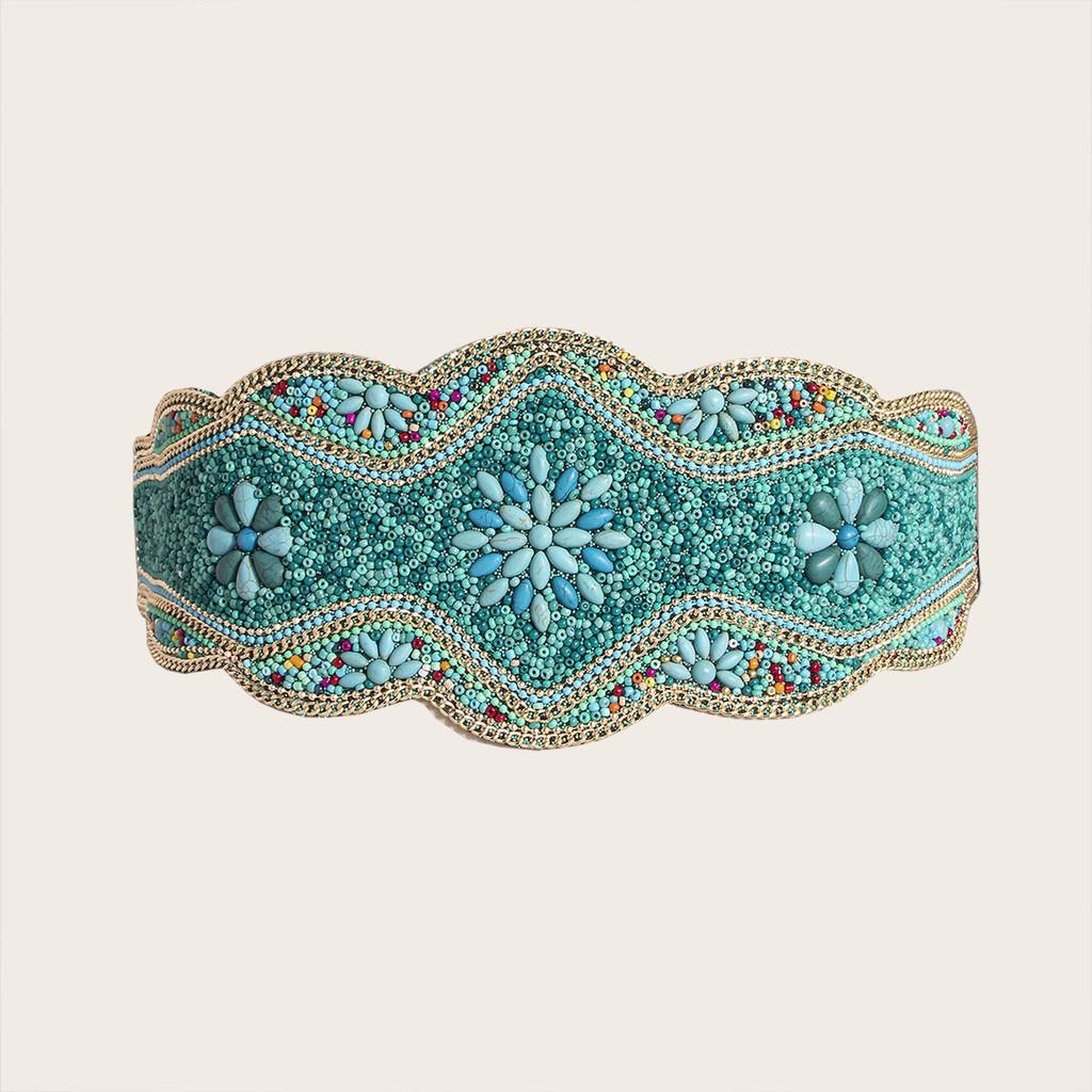 Boho Chic Beaded Wide Waist Belt With Geometric Design For Festival And Casual Wear