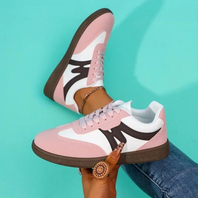 Fashion Shoes Female 2024 Lace Up Women's Vulcanize Shoes Outdoor Women Sneakers Mixed Color Round Toe Low Heel PU Ladies Casual Shoes