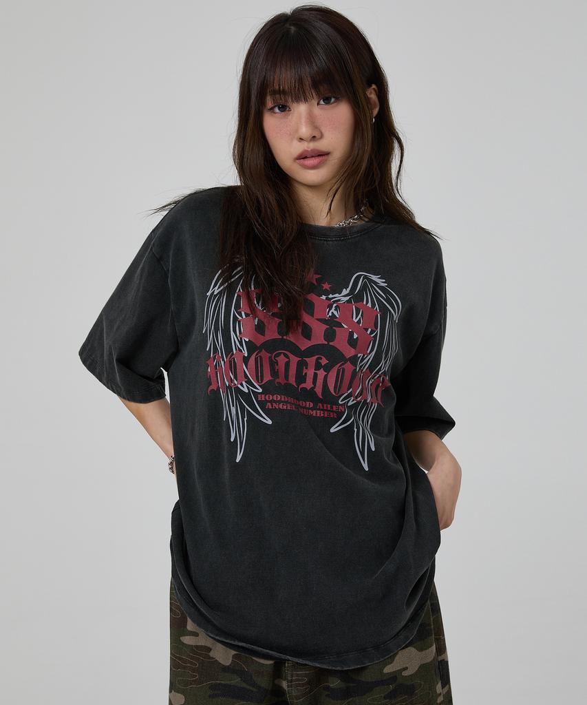 HOODHOOD 888 Angel Graphic Washed Short Sleeve T-Shirt Black