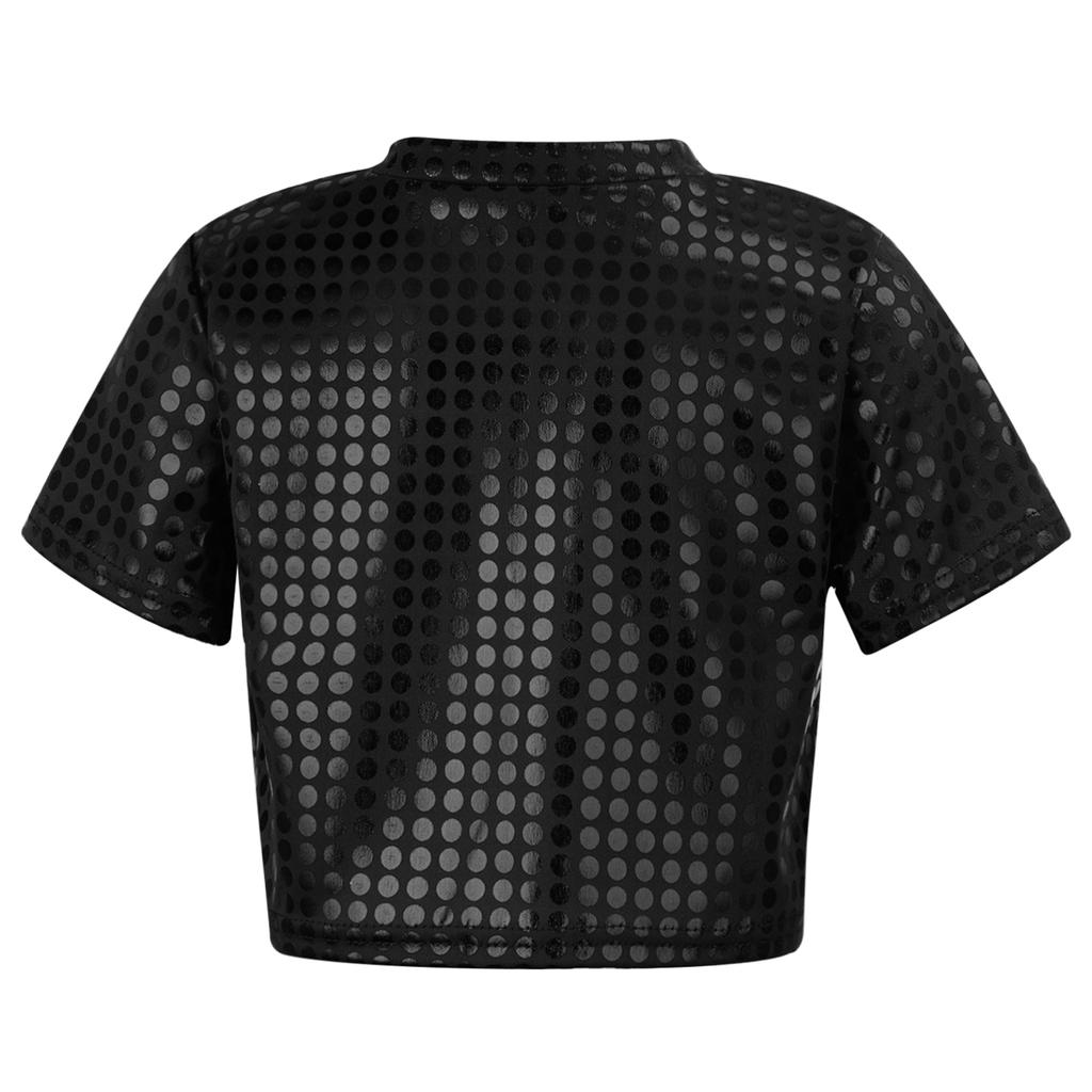 Jazz Dance Costumes Kids Boys Girls Shiny Sequins Short Sleeve Solid Color T-shirt Crop Tops Street Dance Stage Performance Wear