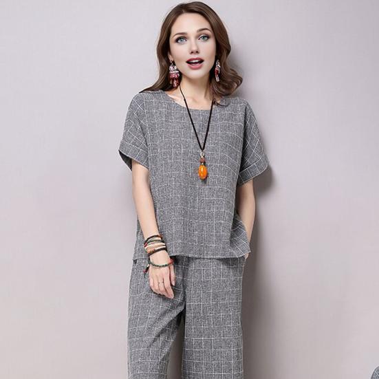 Женский клетчатый комплект из 2 предметов: повседневный комплект из топа с круглым вырезом, короткими рукавами, укороченными брюками и карманами, летний свободный комплект для отдыха
