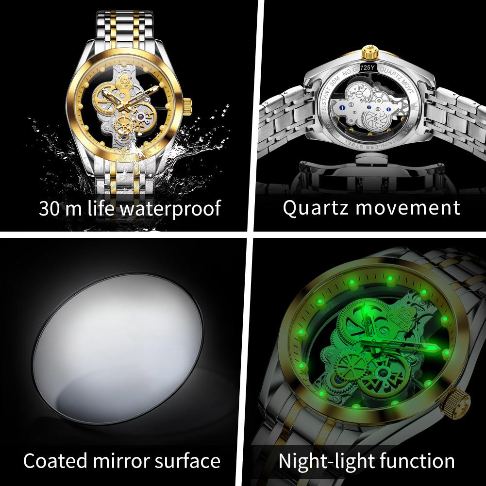 OLEVS Men's Watches Trend Fashion Hollow-out Dial Original Brand Quartz Wristwatch Gear Second Hand Waterproof Luminous New 3725
