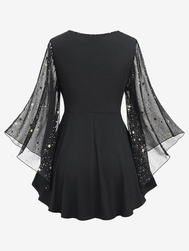 Rosegal Plus Size Тиснение фольгой Звезда Принт Пряжка Рюшированная Прозрачная Многослойная Футболка