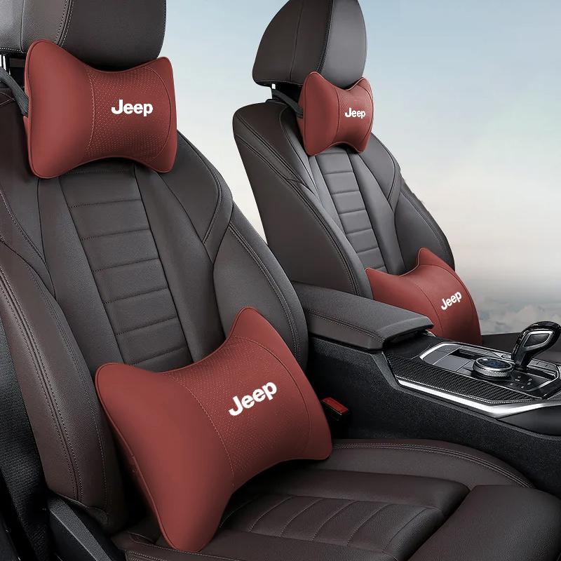 For Jeep Car Seat Neck Pillow Leather Headrest Lumbar Waist Support For Jeep Grand Cherokee Wrangler JK Gladiator Compass Ren
