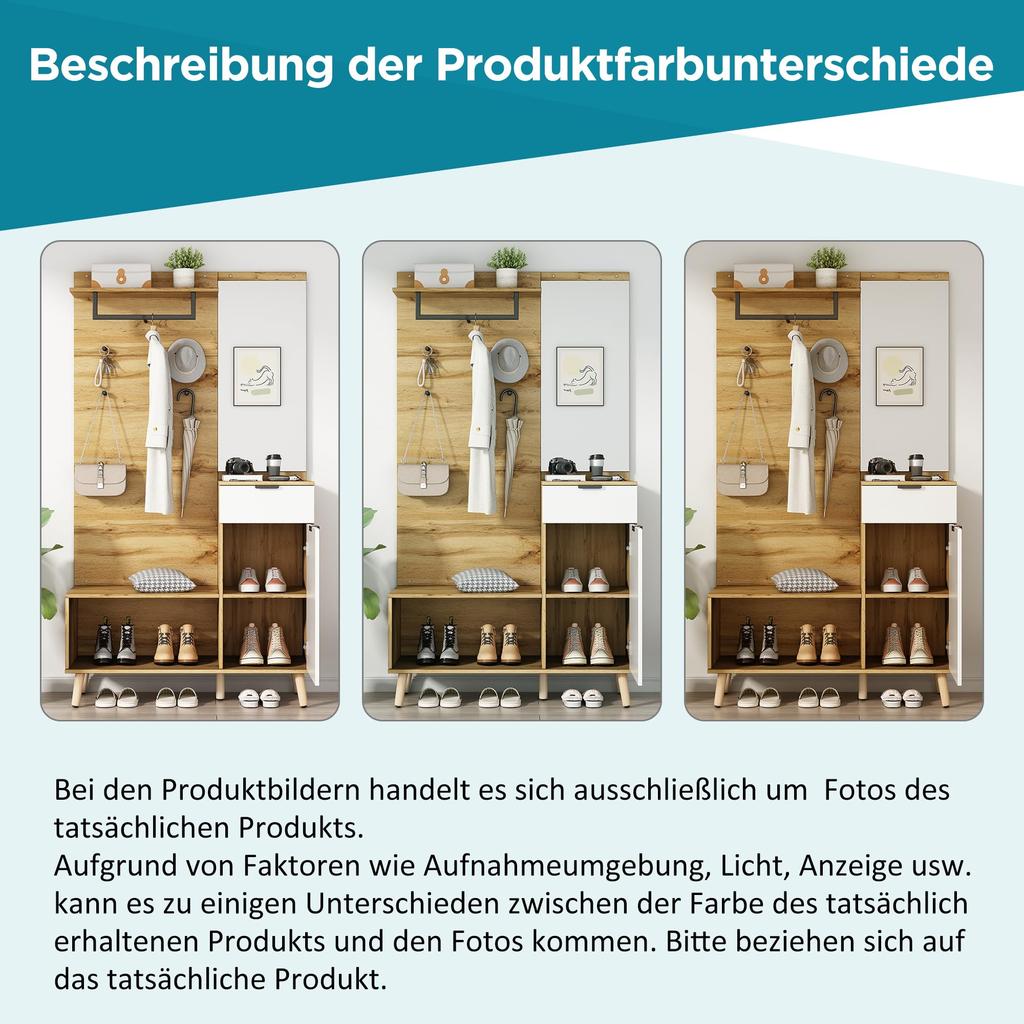 Комплект 190 см, Гардеробный набор Зеркало, Стильная банкетка для обуви, Шкаф для обуви, Ящик, Полка, Крючки для одежды, Настенная вешалка, Цвет дерева & Белый