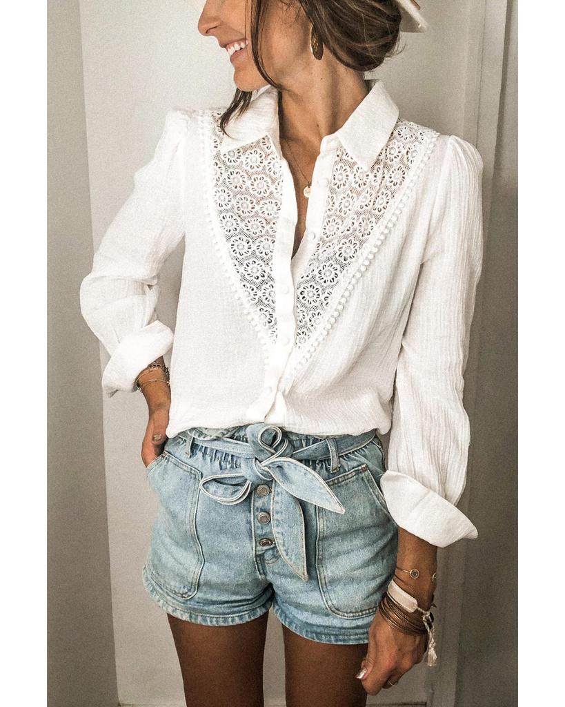 Azura Exchange Lace Hollow-out Splicing Crinkled Shirt