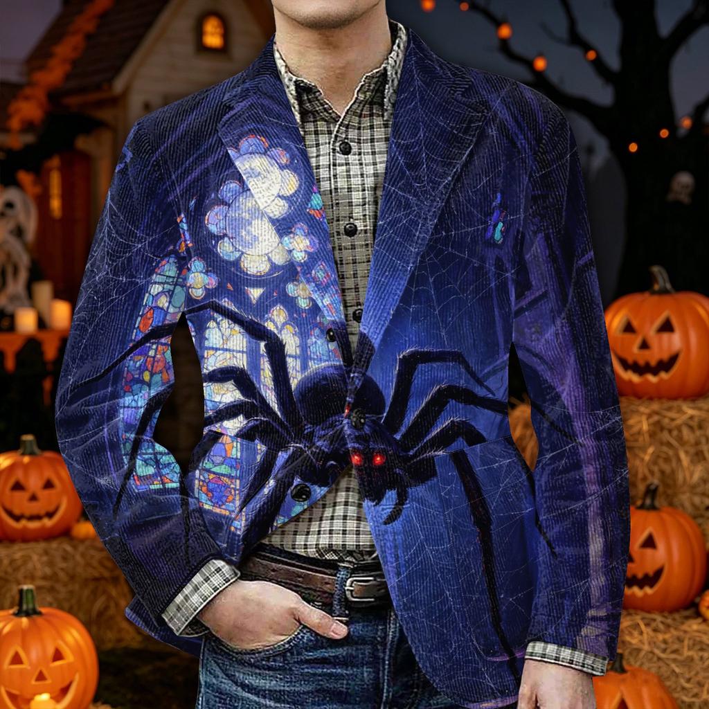 Men's Corduroy Blazer Jacket with Halloween Print Warm Casual Suit Jacket with Pockets Button Front Cardigan Style Outerwear