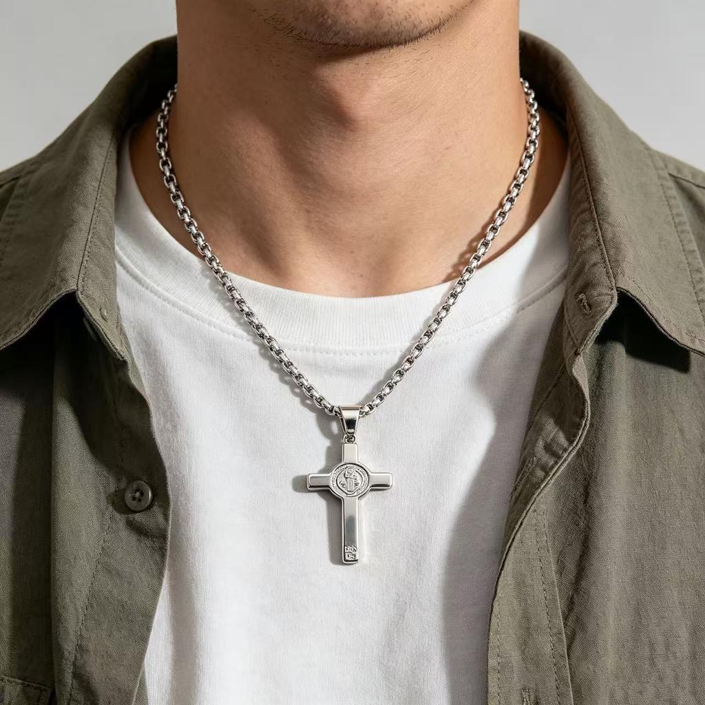 Cruz De San Benito Cross Stainless Steel Protection Pendant Necklace for Men Women Saint Benedict Religious Gift