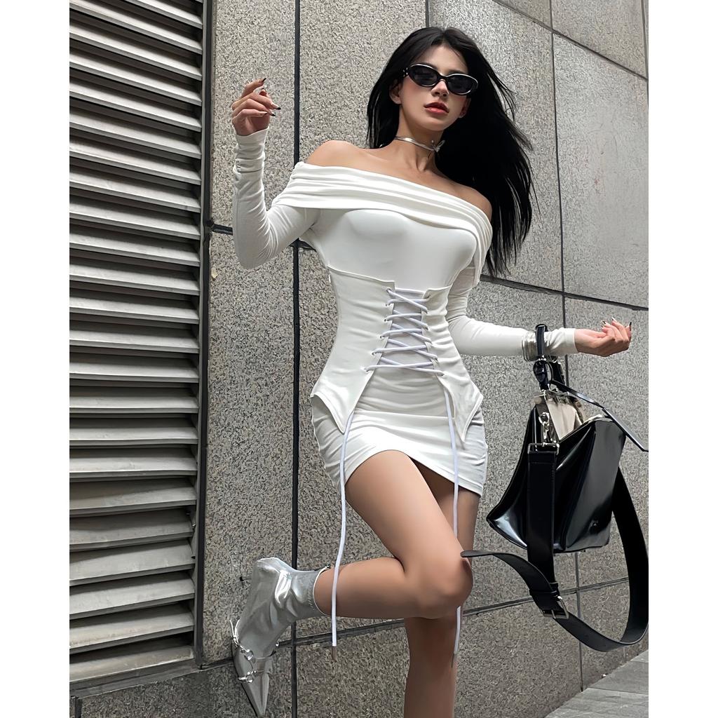 Spice girl design sense royal sister temperament sexy long-sleeved dress women pure desire one-word collar waist short hip skirt