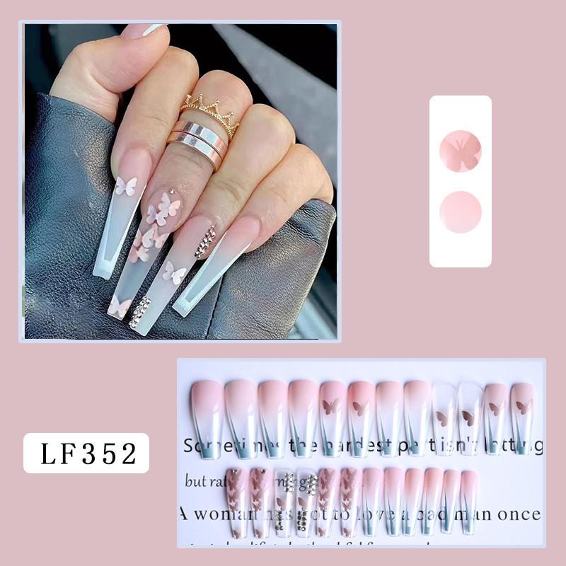 24PCS/SET Quick Nails Flower Diamond Manicure Long Ballet False Nails Waterproof Wearable Ready-made Nail Stickers