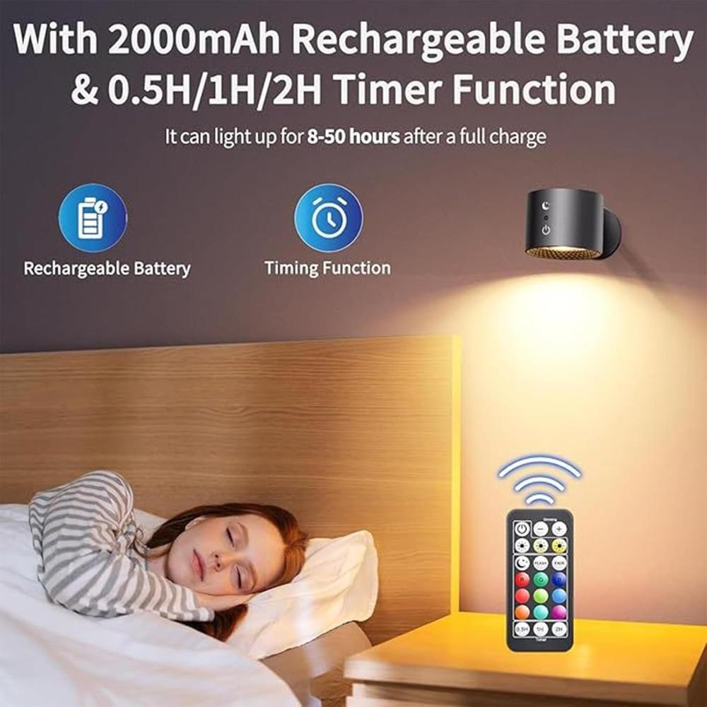 RGB 9-color lighting effect wall lamp, 5W, 5-level brightness night light, wireless gallery light, 360° magnetic rotating reading light