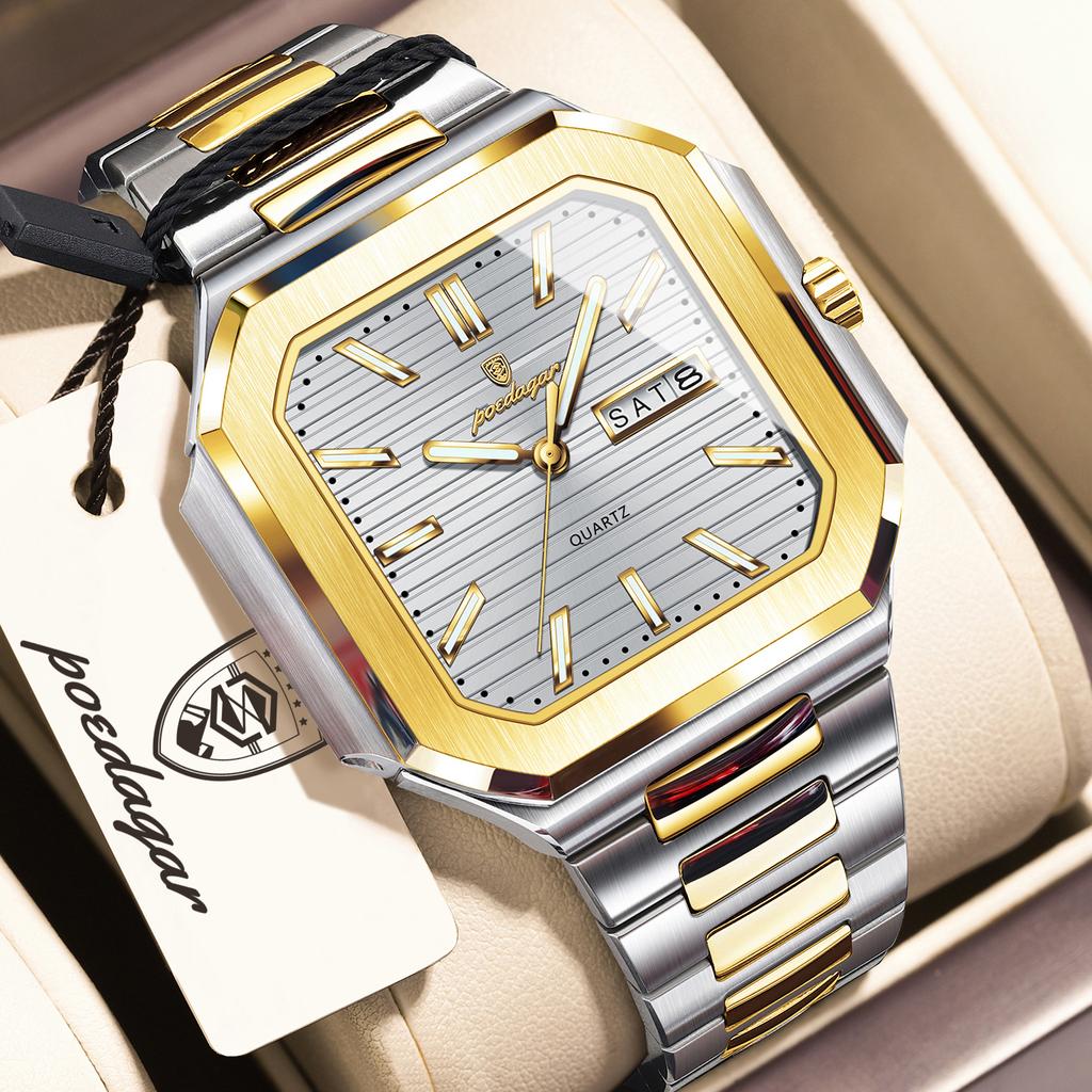 POEDAGAR Square Dial Male Watch Waterproof Luminous Date Week Watches For Men Exquisite Stainless Steel Men's Quartz Wristwatch