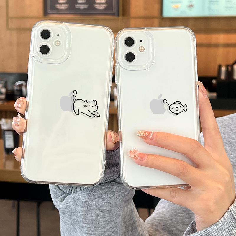 Мультяшный Милый Рыбка Кошка Прозрачный Чехол для Телефона Пара Для IPhone 17e 16e Air 17 16 14 15 Plus 13 11 12 Pro Max Прочный Прозрачный Чехол