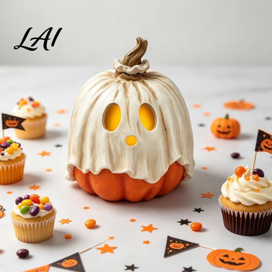 Indoor Fall Decorations Halloween Light Up Ghost Pumpkin Decoration Vintage Detachable Lamp with Resin Ornament LED Candle for Kitchen Tabletop