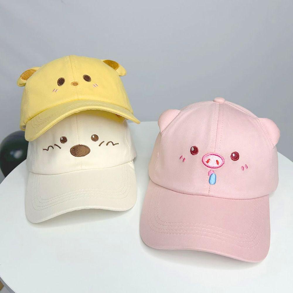 Casual Embroidery Sunshade Duckbill Caps Cartoon Pink Pig Sunshade Hat Adjustable Summer Cap for Women
