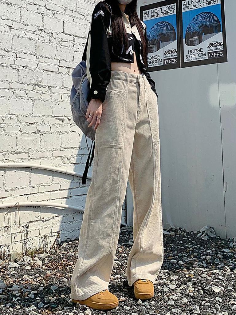 Вельветовые брюки в стиле ретро, ​​коричневые, осенне-зимние, широкие брюки-«ножи» для женщин, высокие, с высокой талией, длинные леггинсы.