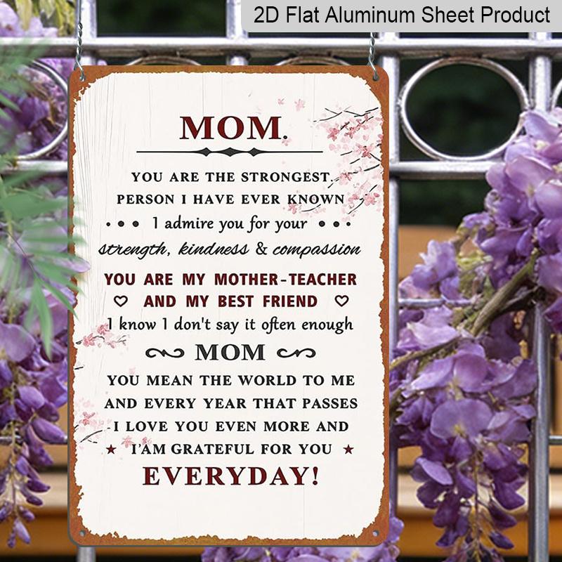 2D Flat, 1pc "Mom You Mean The World To Me" Aluminium Sign - 8"x12" Rustic Cherry Blossom Decor, Inspirational Mother's Day Wall Art, Perfect for Mom