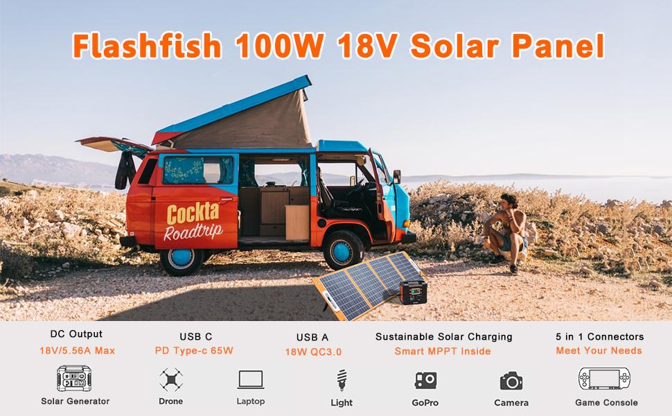Портативная солнечная панель Flashfish TSP100, 100 Вт, питание 5 В, 18 В, выходное напряжение