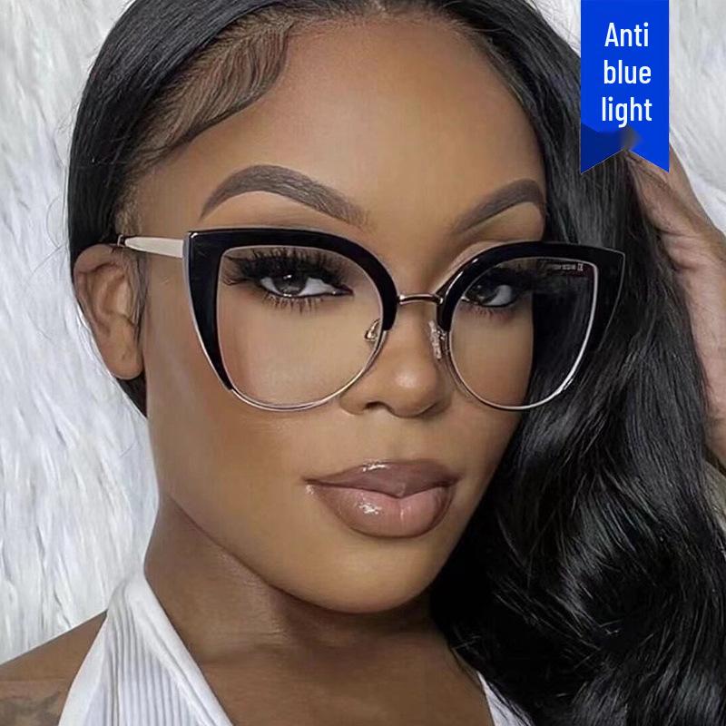 Cat-Eye Semi-Rimless Large Anti-Blue Light Eyeglass Frames, 2023 Retro Trend, European & American Style.