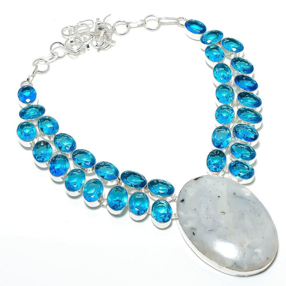 Rainbow Moonstone, Blue Topaz 925 Sterling Silver Gift Jewelry Necklace 18"