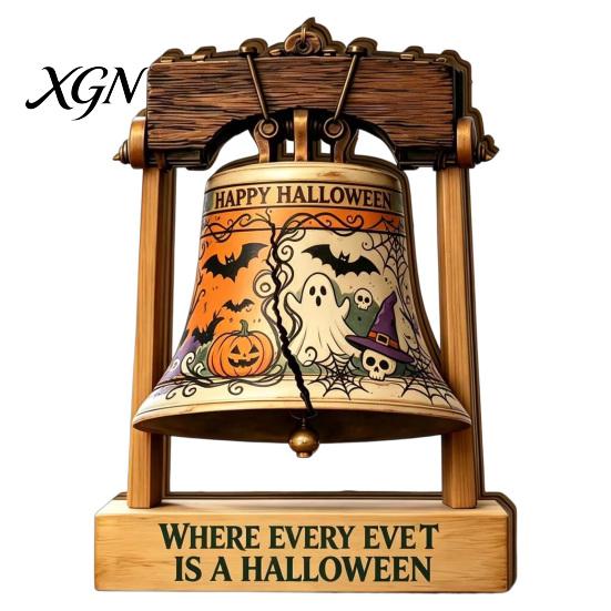 Halloween Theme Gifts Vintage Wooden Bell Decor, Rustic Farmhouse Shelf Sitter with Showcase Ornaments Metal Wood Stand, Tabletop Centerpiece