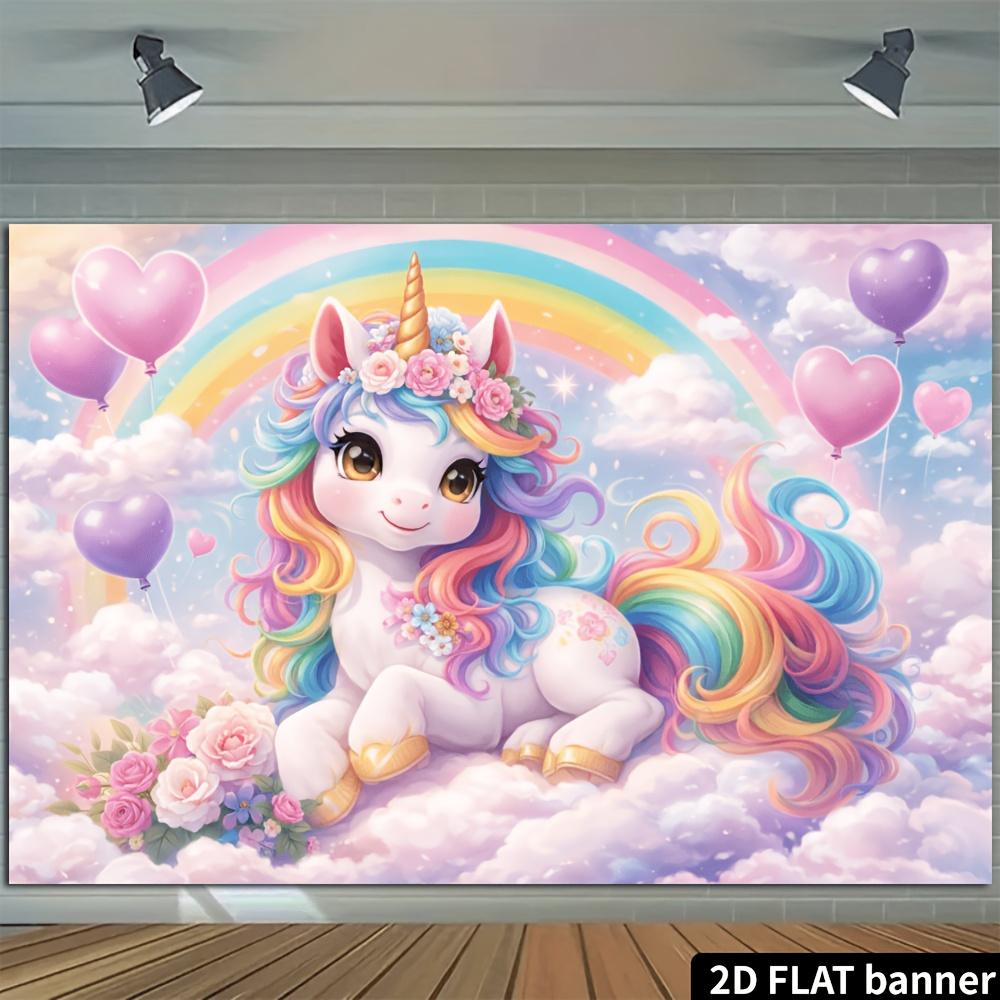 2D Plane Rainbow Unicorn Theme Background Cloth - Cloud Balloon and Flower Elements Polyester Material Wall Decoration