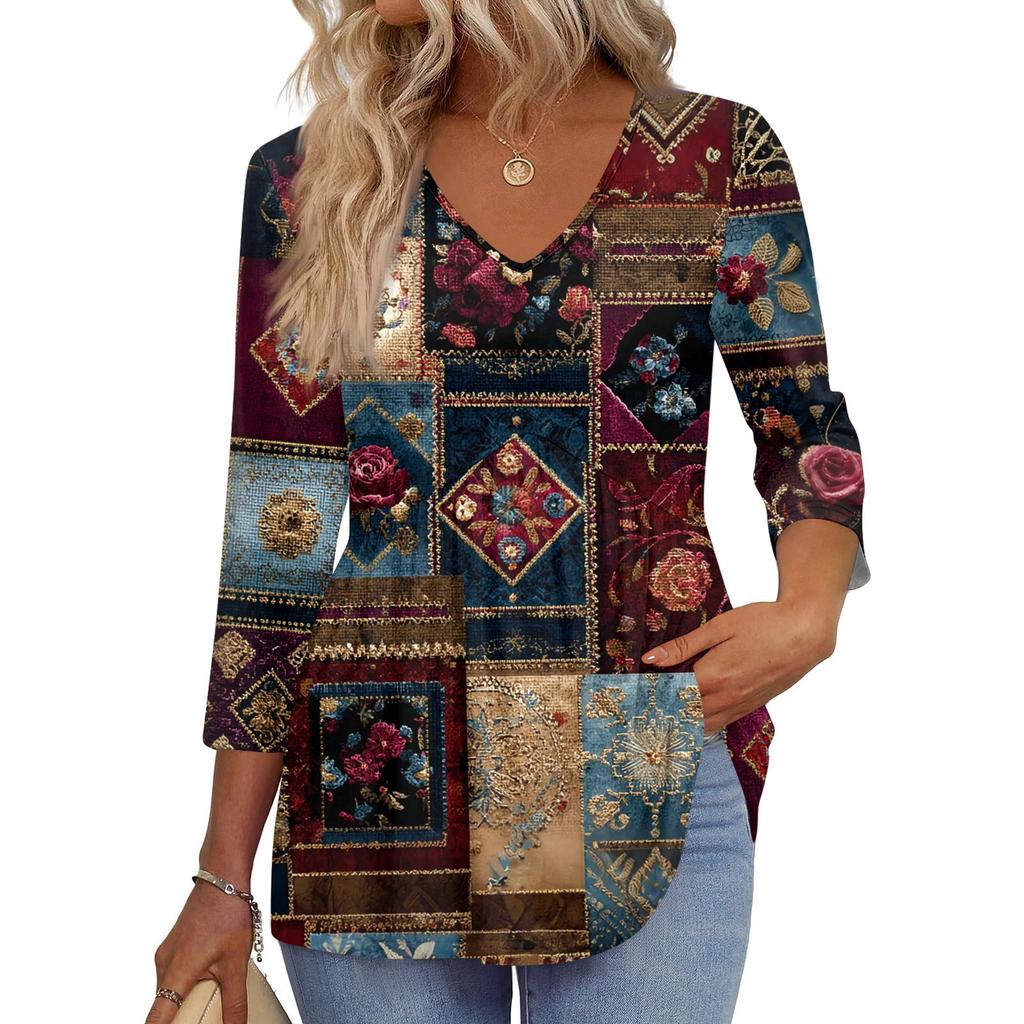 Women's T Shirt Print 3/4 Sleeve Fashion Basic V- Neck Regular Top