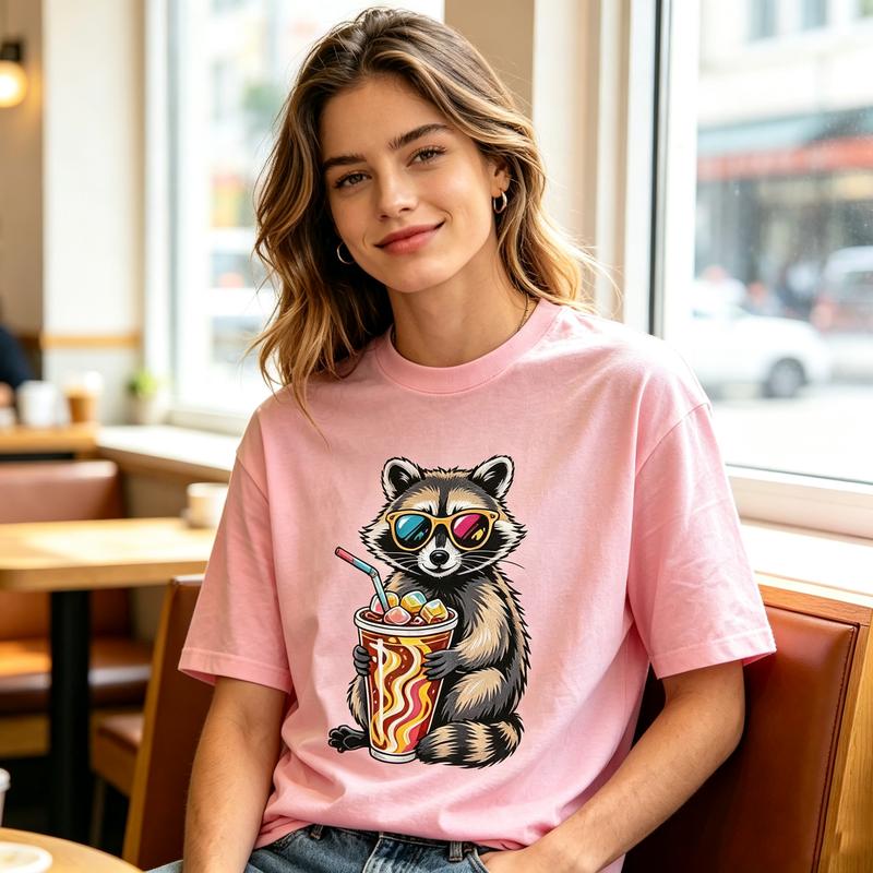 American Cartoon Pop Art Cool Raccoon Sunglasses Iced Coffee Graphic Crew Neck T Shirt Unisex Unisex Unisex Cotton Short Sleeve Top
