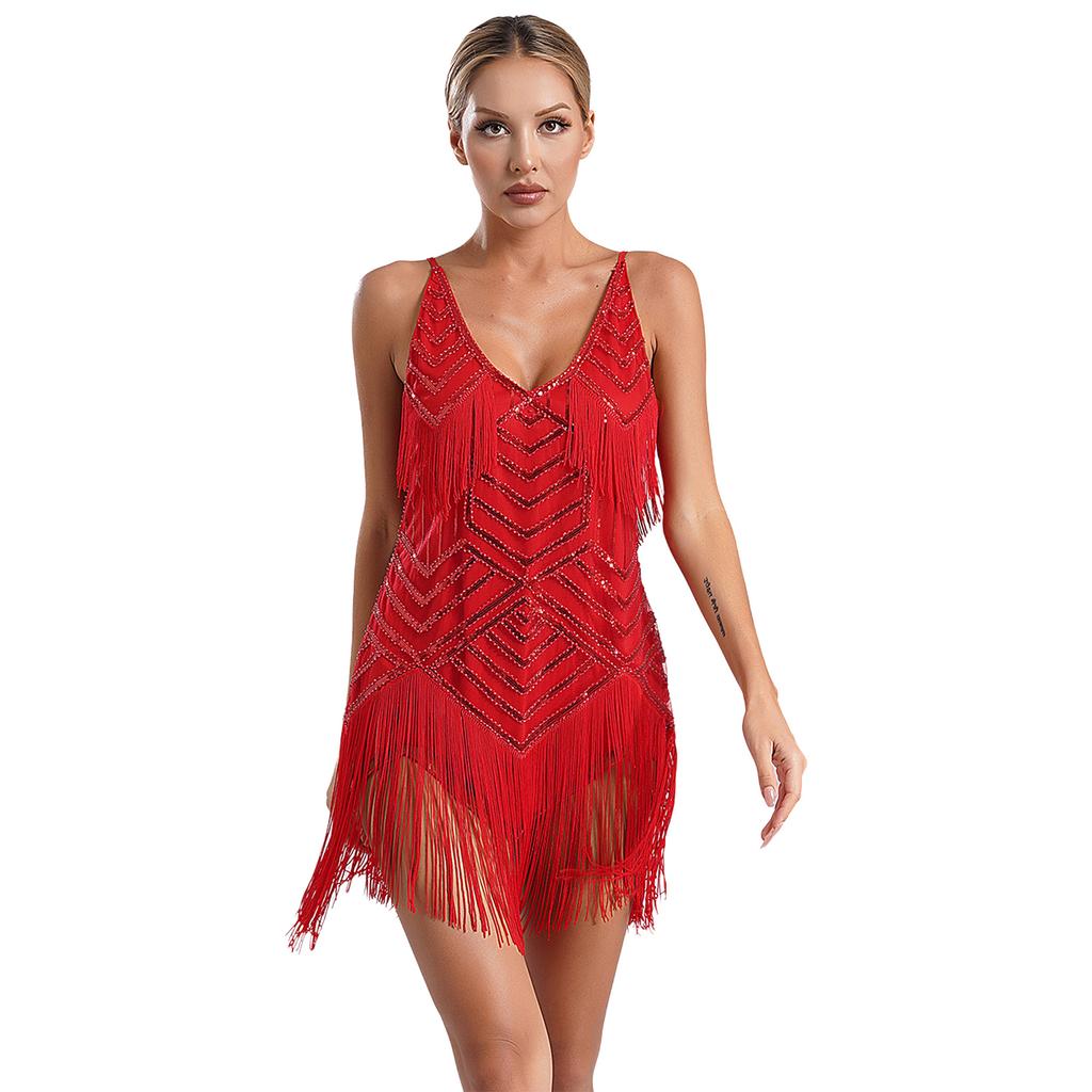 Womens 1920s Flapper Dance Dress V Neck Shiny Sequins Adjustable Spaghetti Straps Fringe Latin Party Costume