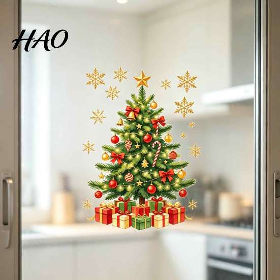 Christmas Party Supplies Window Clings, Cute Santa Claus Snowman Xmas Tree Stickers, Theme Wall Decals Winter PVC Static Glass Decal for Living Room,