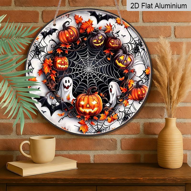 2D Flat, 1pc Retro Halloween Aluminum Wall Decoration - Ghost Lanterns, Bats, Autumn Leaves - Easy to Hang Indoor And Outdoor Decor, Perfect for Fall