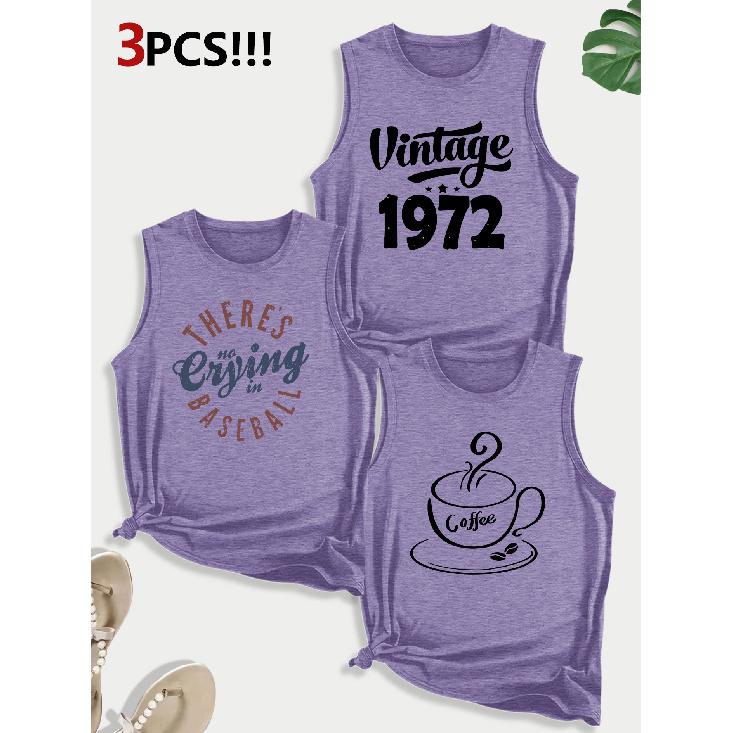 Vintage Coffee and Baseball Combo Gift Printed Pattern Crew Neck3Pack of sleeveless vests for women in spring, summer, and autumn
