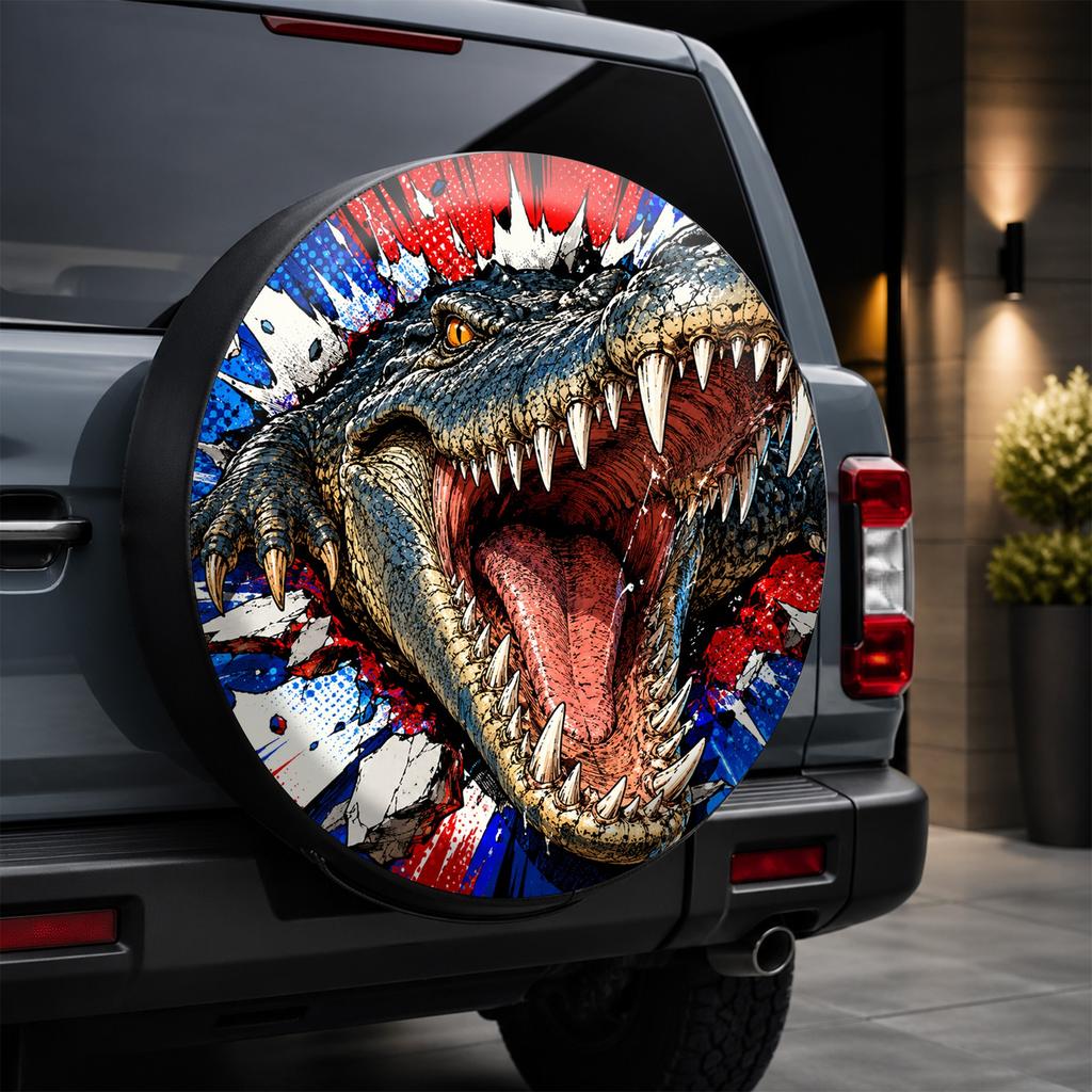 1pc, Pop Art Style Fierce Crocodile Print Pattern Car Tire Cover, Fashionable Universal Wheel Hub Protector, Spare Tire Protecti