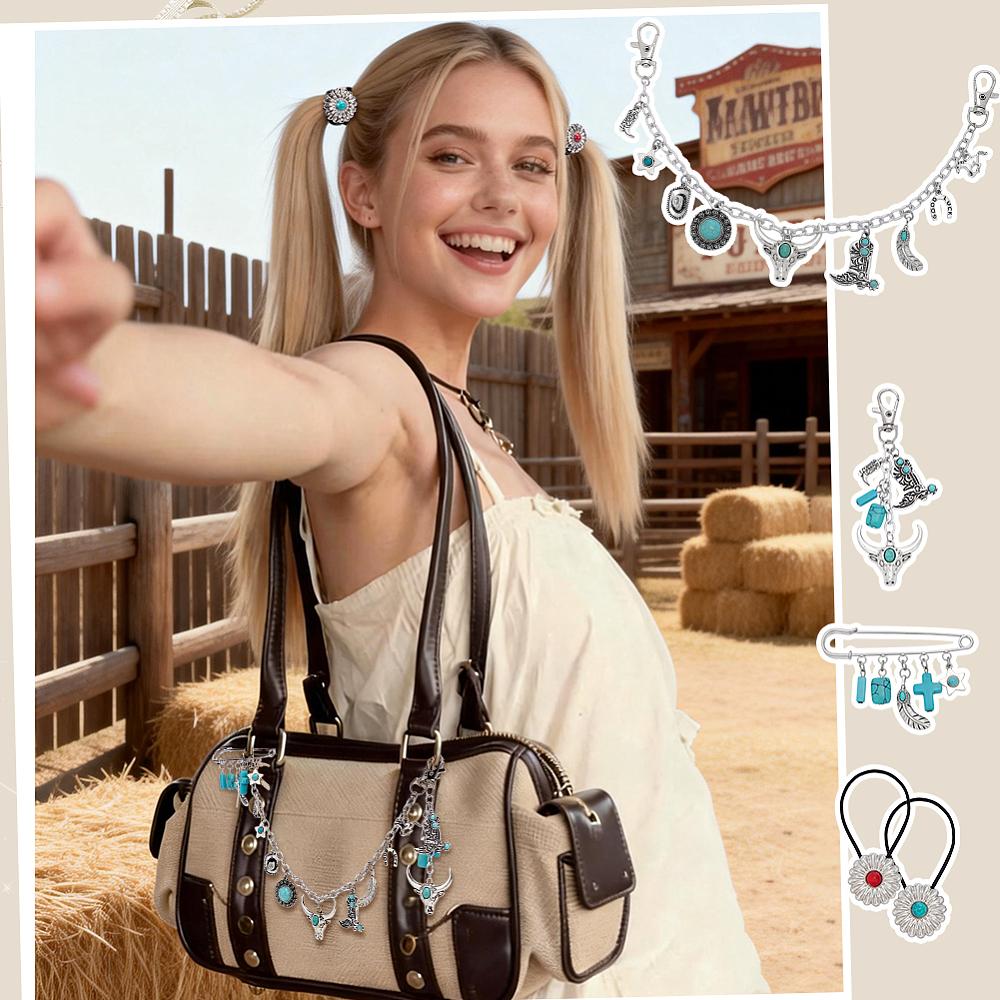 Cowboy Theme Alloy & Synthetic Turquoise & Aluminum Cable Chains Jewelry Sets Purse Chain & Keychain & Hair Tie & Brooch Mixed Shapes Antique Silver