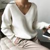 Hirsionsan Thicken Sweater Women 2021 Vintage Minimalist Autumn Winter Sweater Korean Casual Solid Knitted Pullovers V Neck Tops