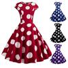 O-neck Short Sleeve Women Dress High-waist Skater Hem Waist Tight Vintage Dot Printed Party Midi Dress