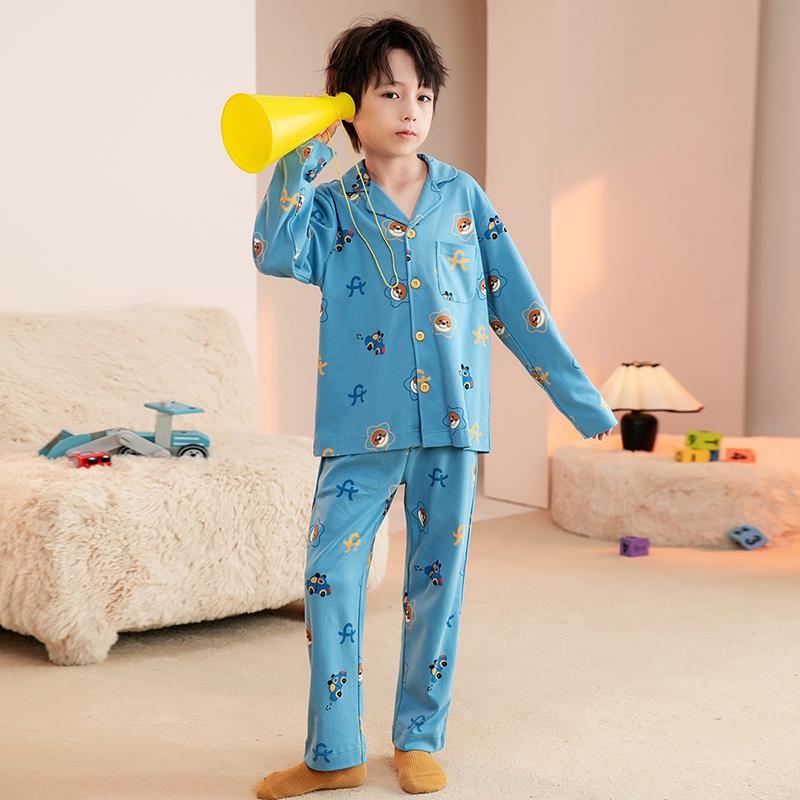 Fenteng [Antibacterial Pure Cotton Set] Autumn/Winter Collar Long Sleeve Cardigan for Outing Children's Home Clothes, Boys' Pajamas