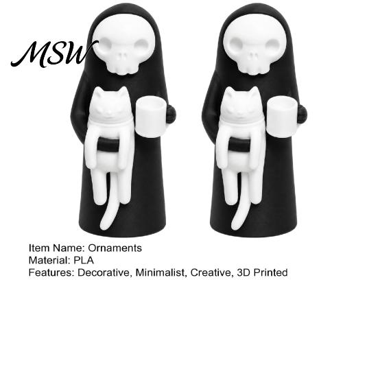 Novelty Gift for Collectors 2Pcs 3D Printed Cartoon Reaper Figurine with Cat, Cute Black And White Desktop Creative Halloween Table Centerpiece