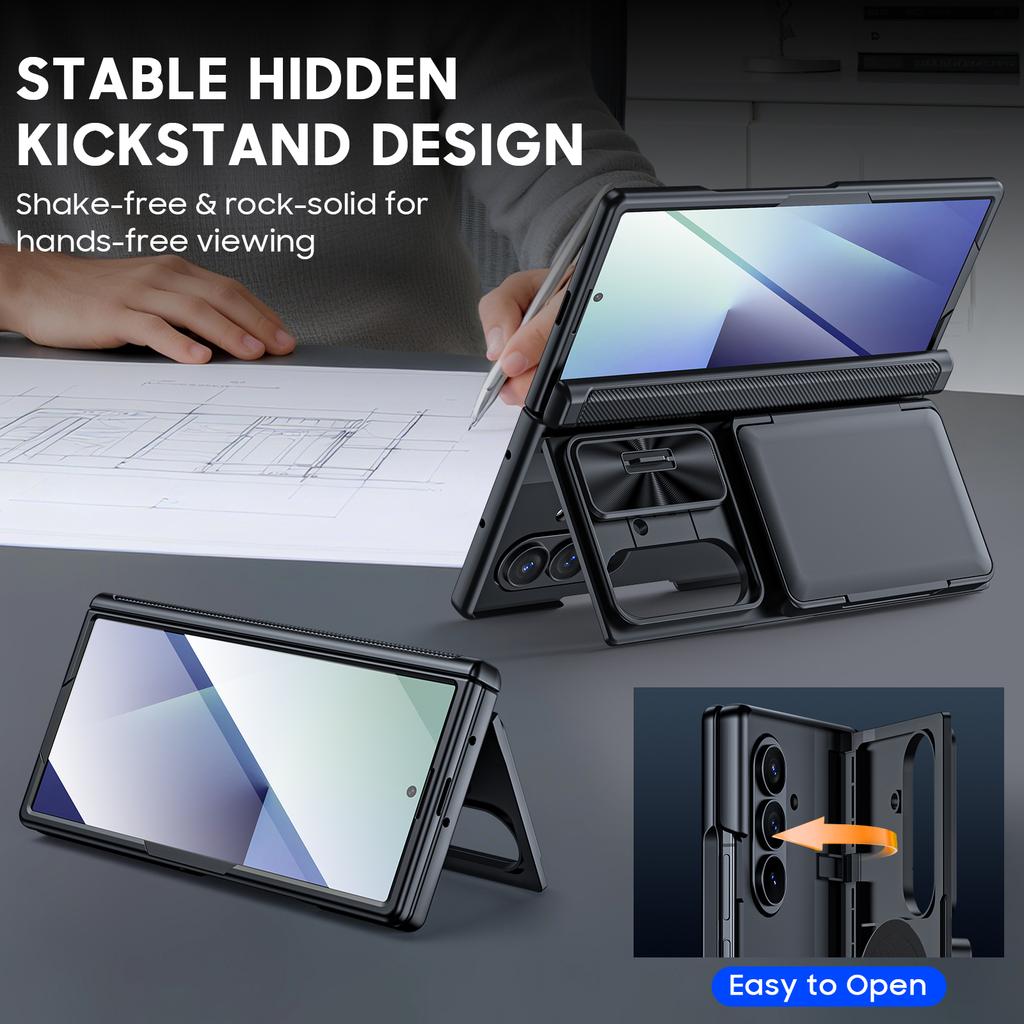 Samsung Galaxy Z Fold 7 Case with RFID Blocking Card Holder Hinge Protection and Built-in Screen Protector-Black