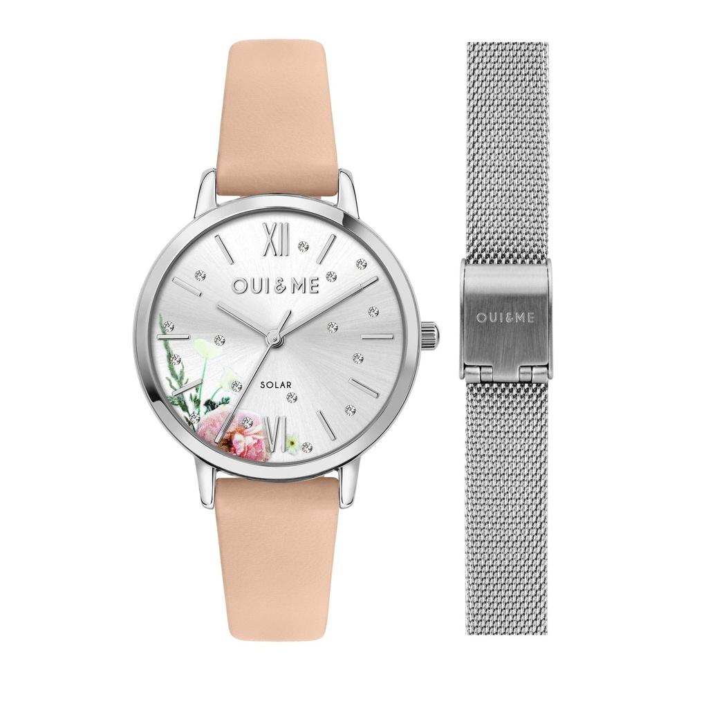 Oui & Me Fleurette Pink Leather Strap Silver Dial Solar ME010373 Women's Watch With Extra Bracelet