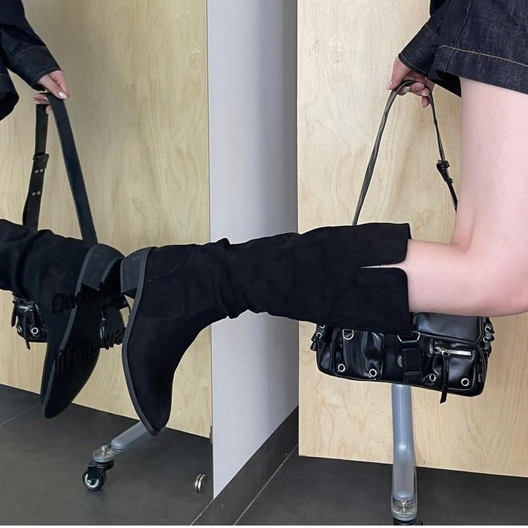 Модные ретро плиссированные замшевые длинные сапоги для женщин. Мода зимы 2025 года, массивные ботильоны на шпильке, сексуальные ботинки. Универсальные женские ботинки большого размера.