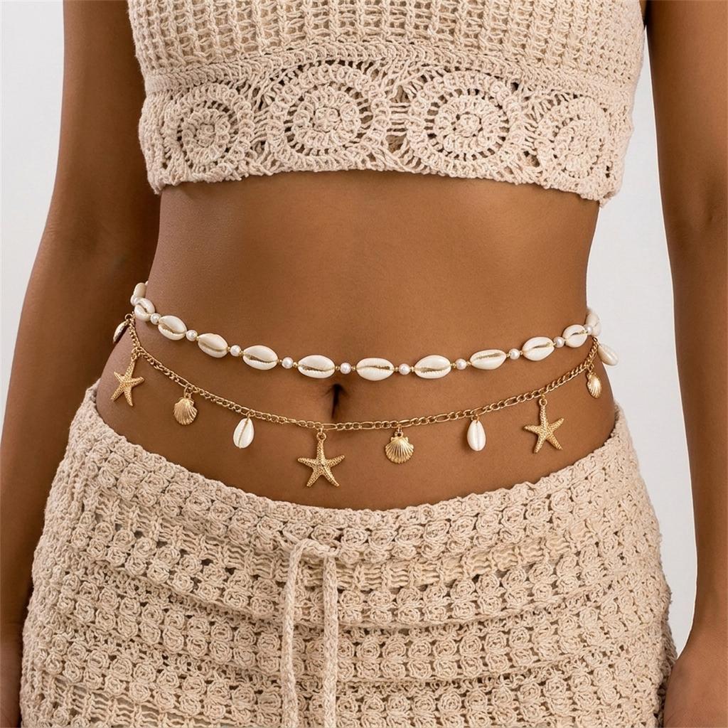 Boho Ocean Starfish Shell Spliced Rice Beaded Double Layer Waist Chain For Women Summer Conch Imitation Pearl Body Chain Jewelry