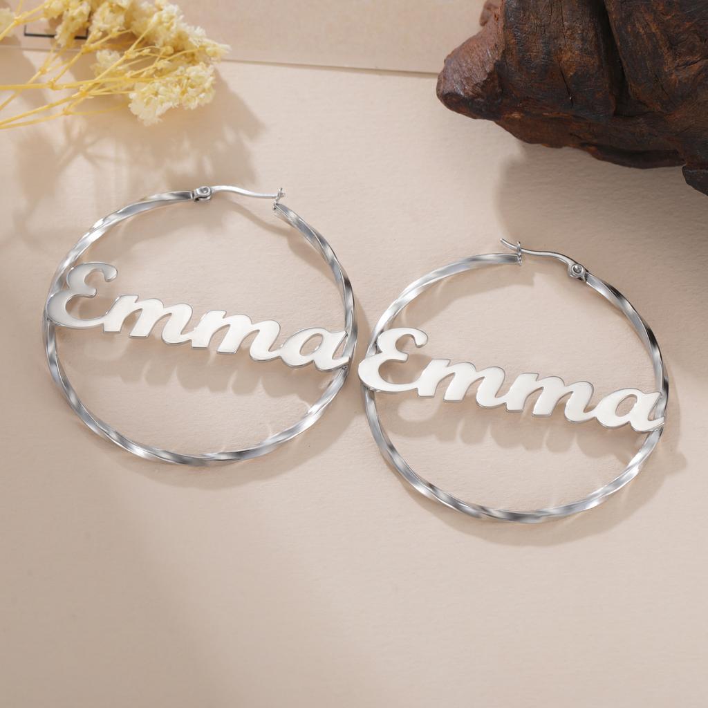 Cazador Custom Earrings Personalized Name Geometric Twisted Hoops Earrings for Women Stainless Steel Jewelry Valentine Gifts