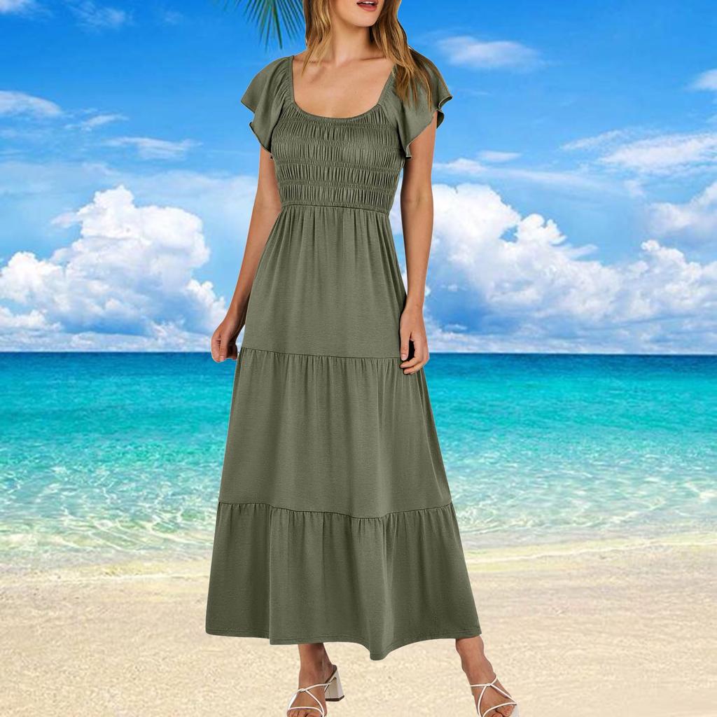 Women's Summer Casual Short Sleeve Square Neck Smocked Elastic Waist Tiered A Line Maxi Dress With Pockets