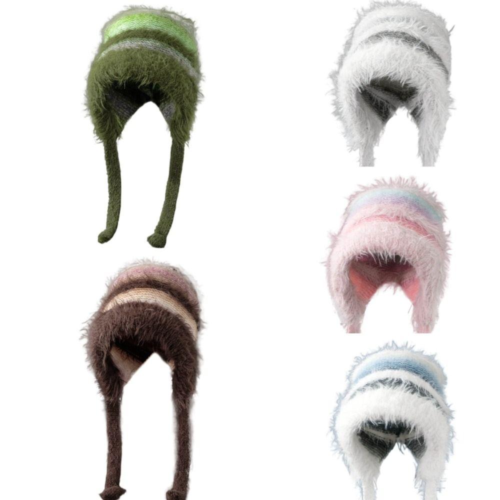 Color Ccollision Knitted Hat Color Matching Lace-up Plush Hat Fashionable Woolen Hat Women