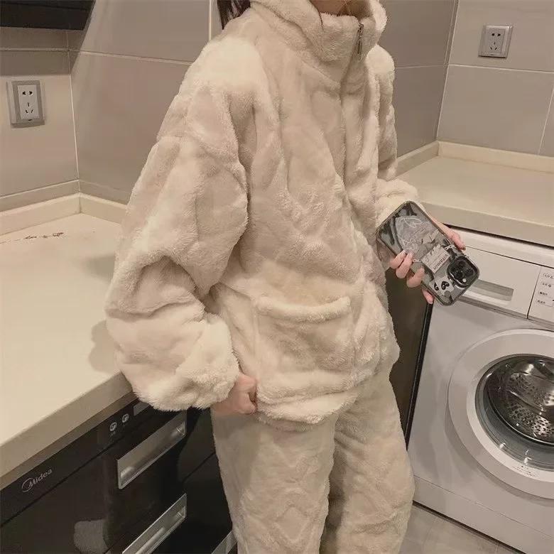 Autumn Winter Home Suit Set Women's Stand-up Collar Coral Fleece Pajamas Thick Plush Wearable Outdoors Suit