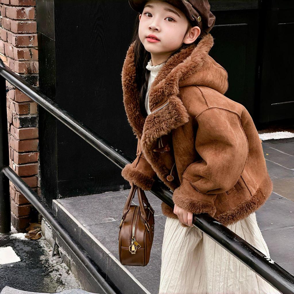 Детское пальто из искусственной овчины с капюшоном в корейском стиле - Зимнее теплое цельное пальто на пуговицах-дафлкотах для мальчиков и девочек